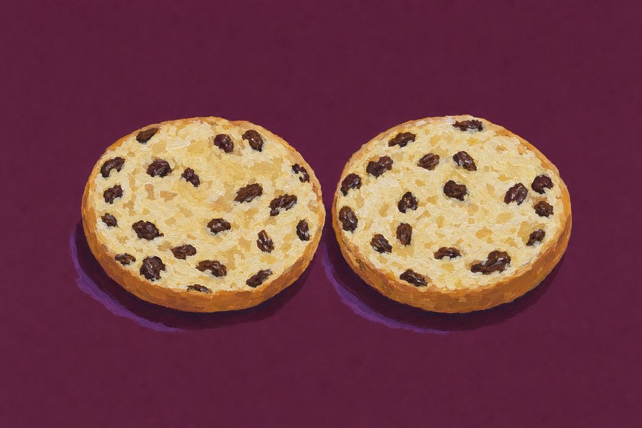 A round flattish fruited bun split horizontally into two halves lying cut-side up, dark raisins clearly visible through a pale golden crumb.