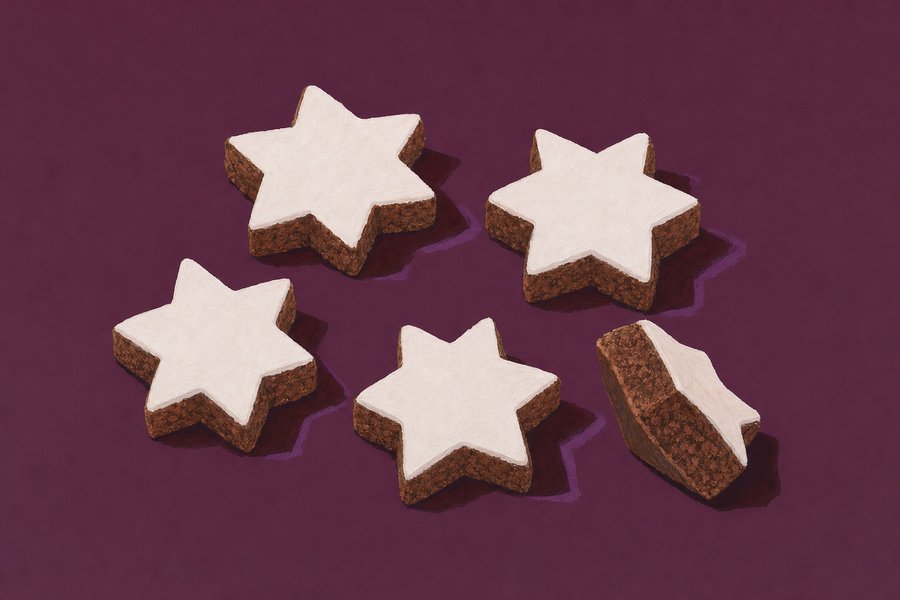 Five six-pointed cinnamon star biscuits with flat opaque white icing on their top faces, one tipped on its side to show the dark almond body underneath.